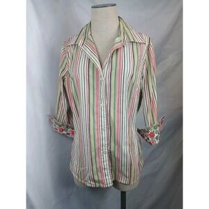 VTG George Blouse Women's Size ( 12 / 14 ) Top Candy Stripe Floral Cuffs Shirt